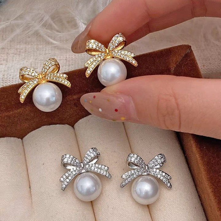 WhatsApp-Image-2025-06-23-at-6.42.33-AM_cleanup Bow sparkle diamond pearl stud earrings / Pearl Earrings Women's Earrings for Gift - Image 4