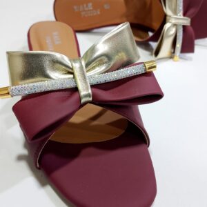 Stylish Maroon Block Heel Slip-On Slippers for Women with Golden Bow and Rhinestone Detailing – Comfortable Daily &
