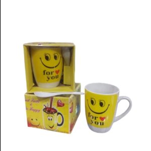 Smart and Cute Emoji Ceramic Smiley Cup with Spoon – Stylish Tea and Coffee Mug, Perfect Gift for Birthday, Celebration,