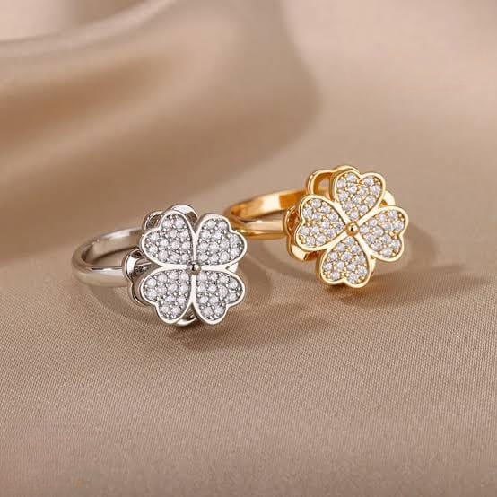 WhatsApp-Image-2025-08-26-at-5.19.52-PM-1_cleanup Clover Zircon Rotating Ring – Silver & Golden, Adjustable Spinner Ring for Women (PWJ-111) - Image 2