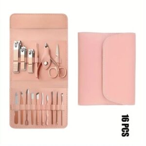 16pcs Professional Manicure & Pedicure Set – Nail Clippers, Cuticle Nippers & Grooming Tools with Travel Case (R