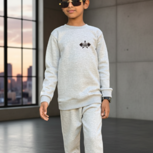 Grey Printed Fleece Winter Kids Tracksuit | Warm Sweatshirt & Trouser Set for Boys & Girls – Soft, Cozy & Stylish Outfit