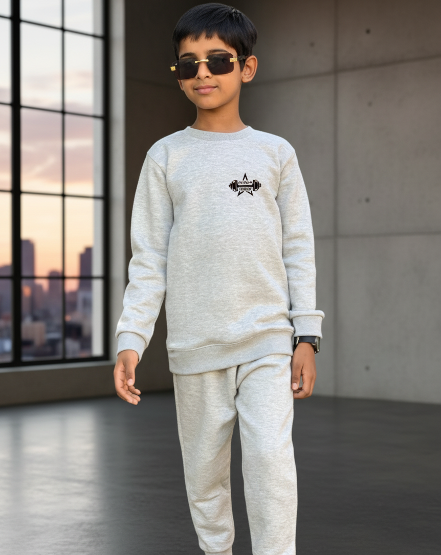 a1e1bea78b5a2b9ef66218c68b6a1eb7 Grey Printed Fleece Winter Kids Tracksuit | Warm Sweatshirt & Trouser Set for Boys & Girls – Soft, Cozy & Stylish Outfit