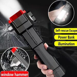 High-Power LED Torch Light Rechargeable Flashlight With Multifunctional Tactical Hammer And Power Bank Feature With Box