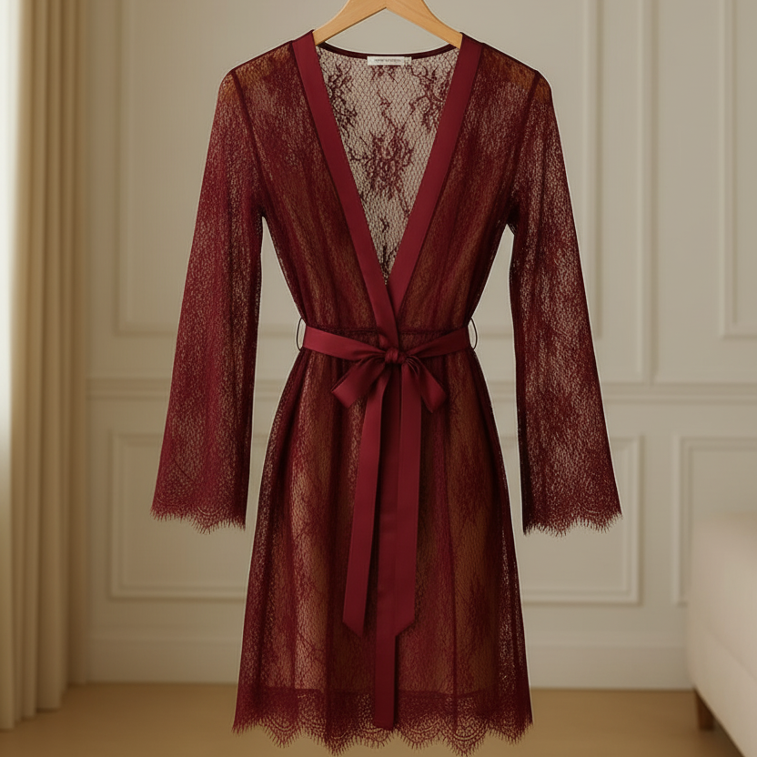 ace60a868c2712523c6b896cf4e6f64c Single Pcs Women’s Net Transparent Sheer Lace Robe Gown – Long Sleeve Free-Size Nightwear With Satin Belt For Elegant An - Image 3