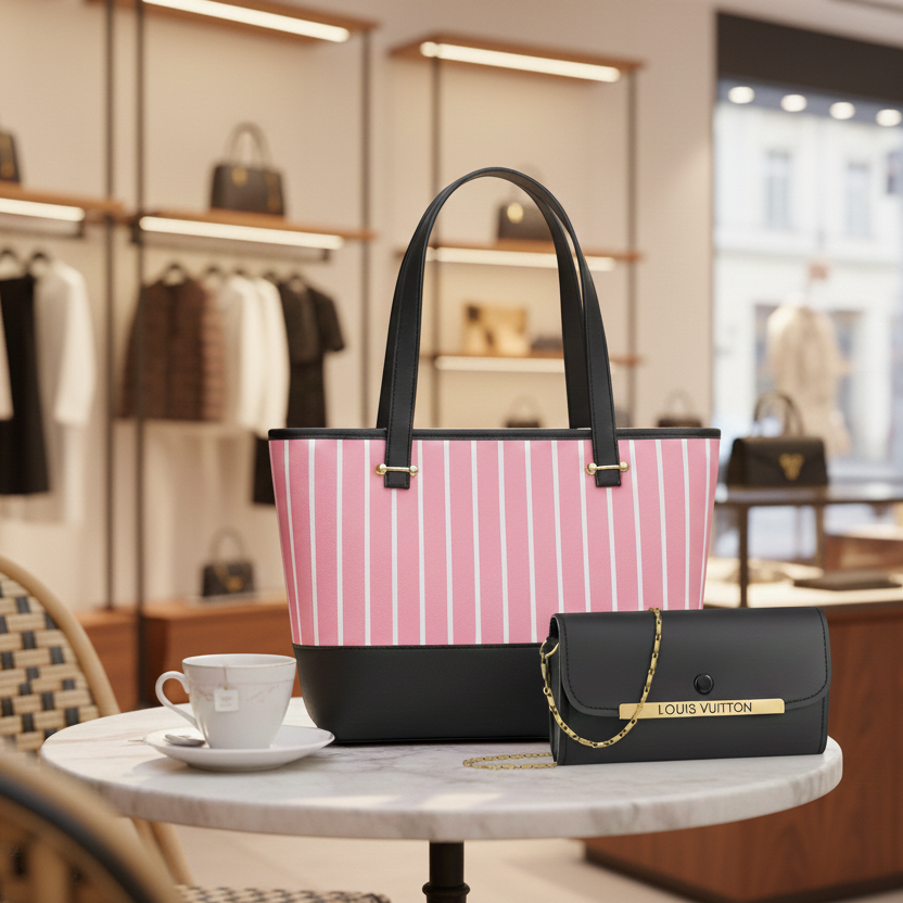 af336a1451c95ee84feea2402500a226 Elegant 2-Piece Women's Handbag Set: Chic Pink Striped Tote & Sophisticated Louis Vuitton Branded Chain Clutch - Image 2
