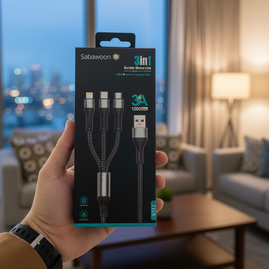 aff9823cba5170bb32c5f8df7cbaad92 Sabawoon S113 3‑in‑1 Cable | 3A Fast Charging | Original Quality - Image 2