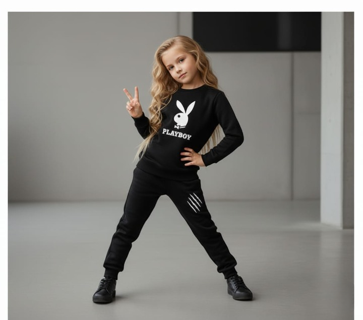 b22595affddd896132c3a18d2a08f89b Kids PLAYBOY Printed Stylish Black & Black Tracksuit Set | Winter Fleece Sweatshirt & Trouser Outfit for Boys & Girls – - Image 3