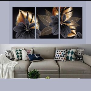 Luxury Floral Wall Art Set – 3 Wooden Frames (8x11”) with Elegant Black & Gold Botanical Design | Easy Wall Mounting wit