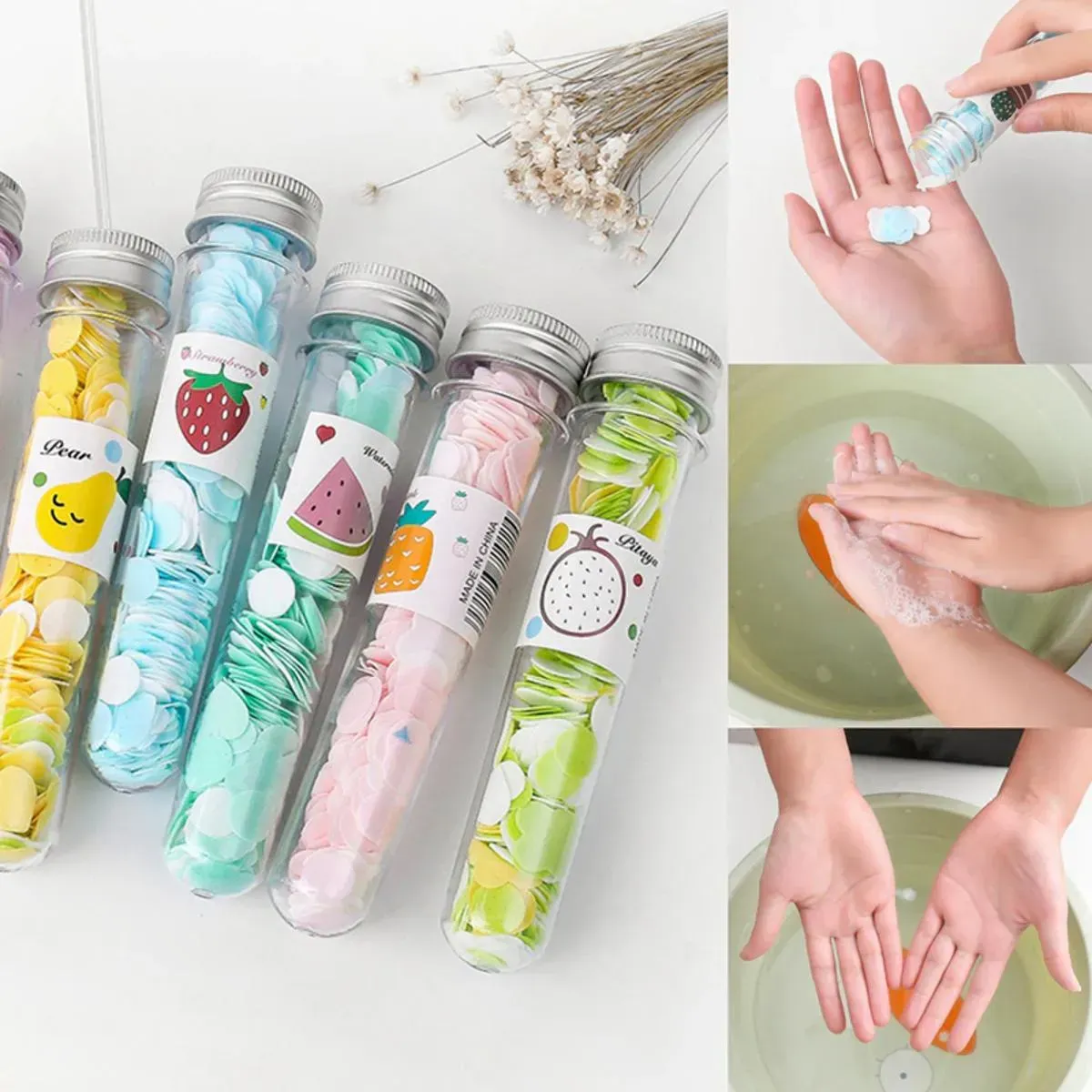 b9e55234417cac40022ee75aa06668bb 100 PCS Disposable Flower Paper Soap with Portable Tube – Multi-Color Travel Sheets for Hand Washing & Outdoor Use- Rand - Image 2