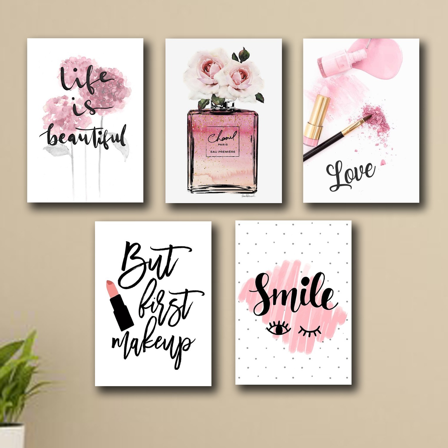bbd4f66fe19cff1fb317fb72ab2f65e2 Set of 5 Makeup-Themed Wall Art Frames – 8x11" MDF with Sticky Backing
