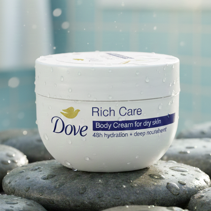 bde1582be435a6238accba3c10bb8c75 A Radiant Oasis of Hydration: Dove Rich Care Body Cream – 48h Moisture & Deep Nourishment Captured in Nature's Light - Image 2