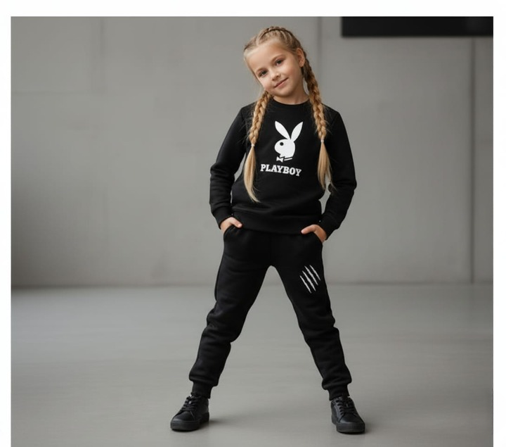 be2ab02cb42e0238100b3a369ddb7642 Kids PLAYBOY Printed Stylish Black & Black Tracksuit Set | Winter Fleece Sweatshirt & Trouser Outfit for Boys & Girls – - Image 2