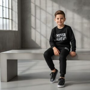 Kids “Never Give Up” Printed Black & Black Tracksuit Set | Winter Fleece Sweatshirt & Trouser Outfit for Boys & Girls –