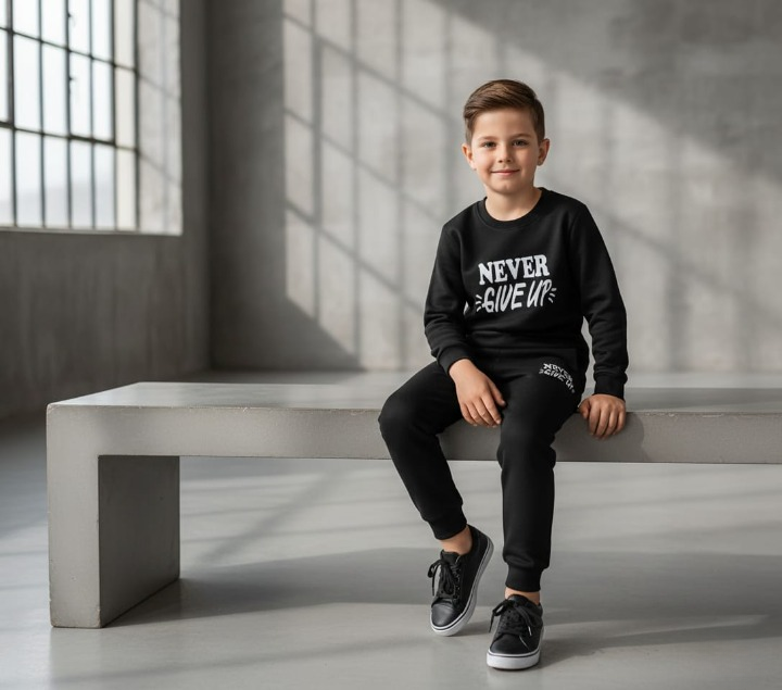 be2bbe385f29fc18c96e03e898d81622 Kids “Never Give Up” Printed Black & Black Tracksuit Set | Winter Fleece Sweatshirt & Trouser Outfit for Boys & Girls –