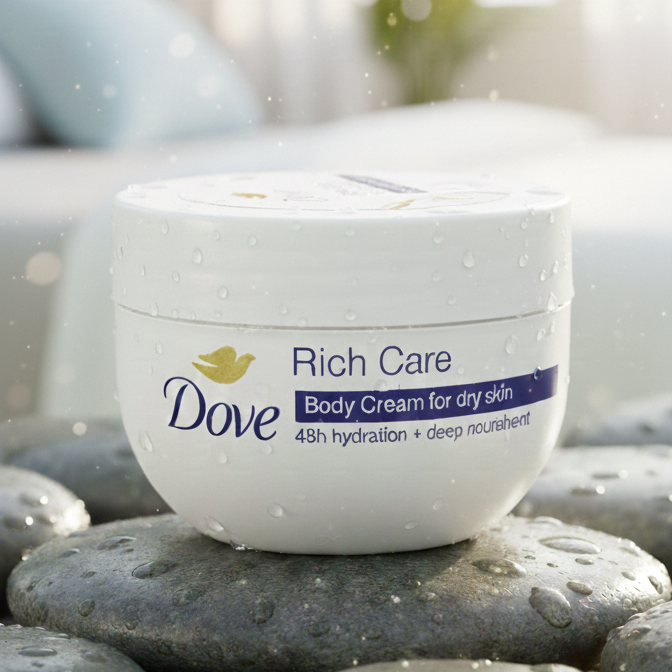 be323d0c777c2bac3f0618326ab8a37d A Radiant Oasis of Hydration: Dove Rich Care Body Cream – 48h Moisture & Deep Nourishment Captured in Nature's Light
