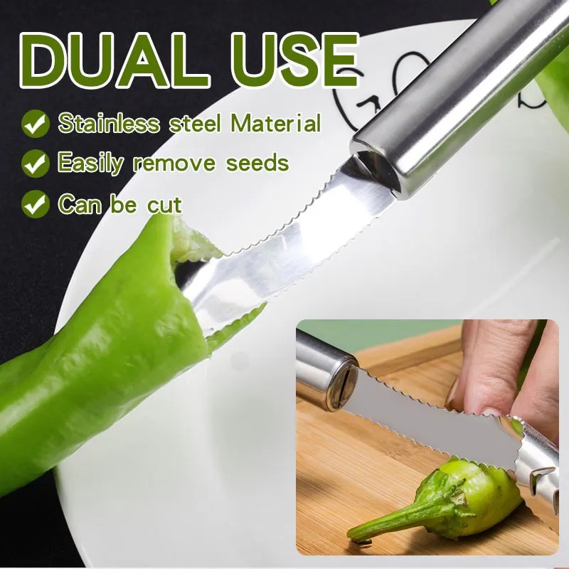 c098c1056632ffb9163e6e455001ea58 Stainless Steel Pepper Corer & Vegetable Slicer – Multifunction Jalapeno Core Remover, Fruit & Seed Extractor Tool - Image 2