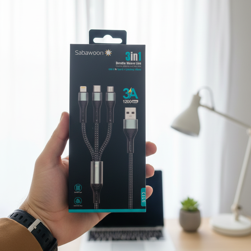 c557b88f8be74b2dcf98ad5fd93c14ff Sabawoon S113 3‑in‑1 Cable | 3A Fast Charging | Original Quality