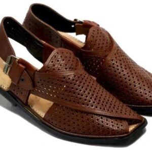 Handcrafted Men’s Peshawari Chappal – Classic Brown Perforated Leather Sandals with Adjustable Buckle Strap & Durable Ru