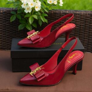 Burgundy Kitten Heel Shoes For Women – Stylish Slingback Design With Gold Accent Bow, Comfortable Fit, And Classy Glossy