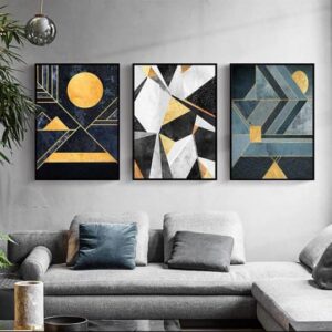 Modern Abstract Wall Art Set – 3 Wooden Frames (8x11”) with Geometric Gold & Black Designs | Easy Wall Mounting with Dou