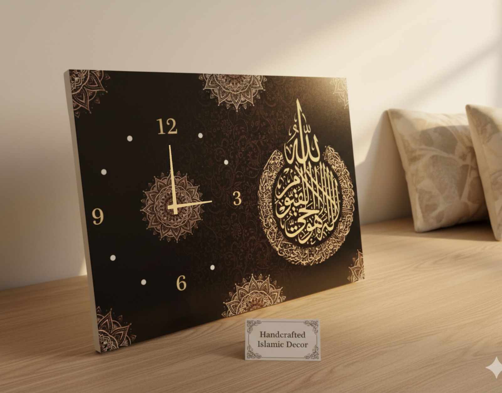 c9daeee35180e28f4ff40609d1c8f0dd Handcrafted Wooden Wall Clock – Digital Printed Islamic Art | 12x16" | Hook for Hanging | Elegant Geometric & Calligraph