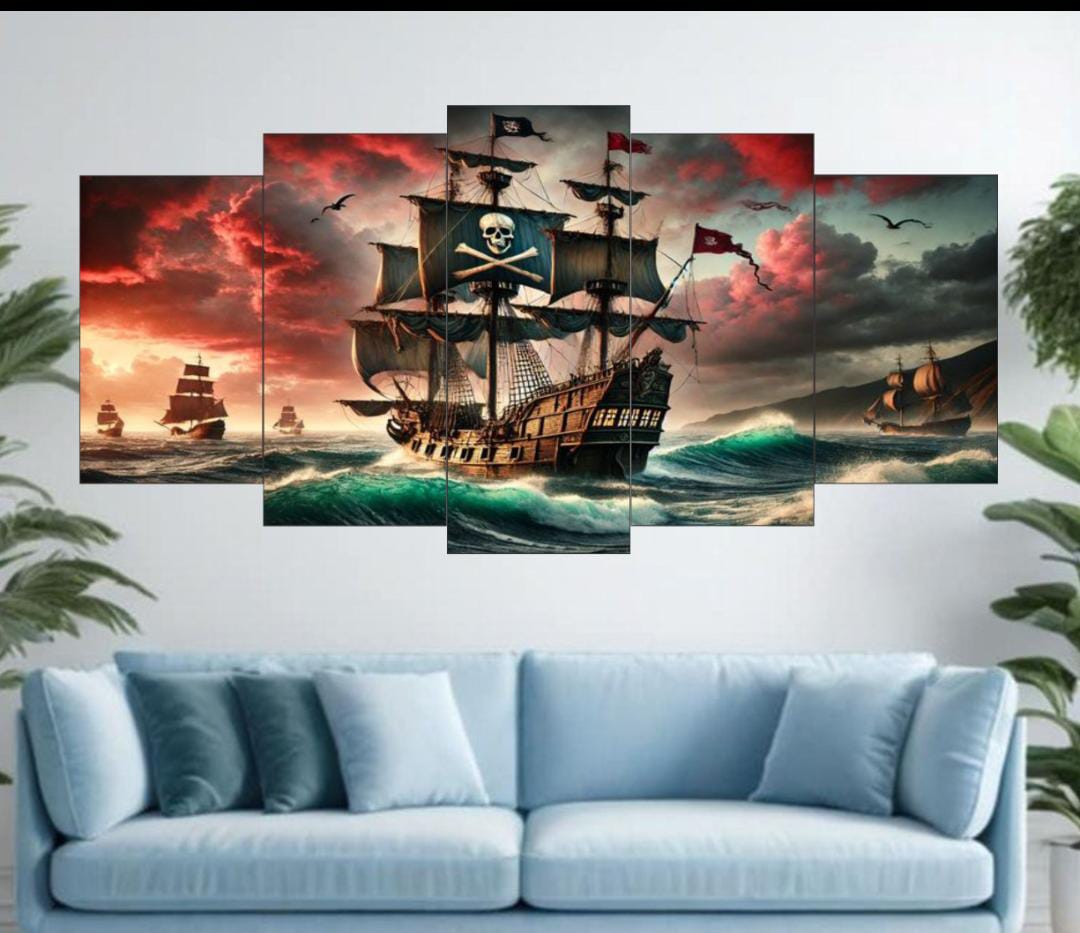 ca2848d6113580fab10a6c27779aade5 Pirate Ship Ocean Voyage Wall Art – 5-Piece Canvas Set (16x40 inches) | Wooden Sticky Tile Frames with Double Tape - Image 2