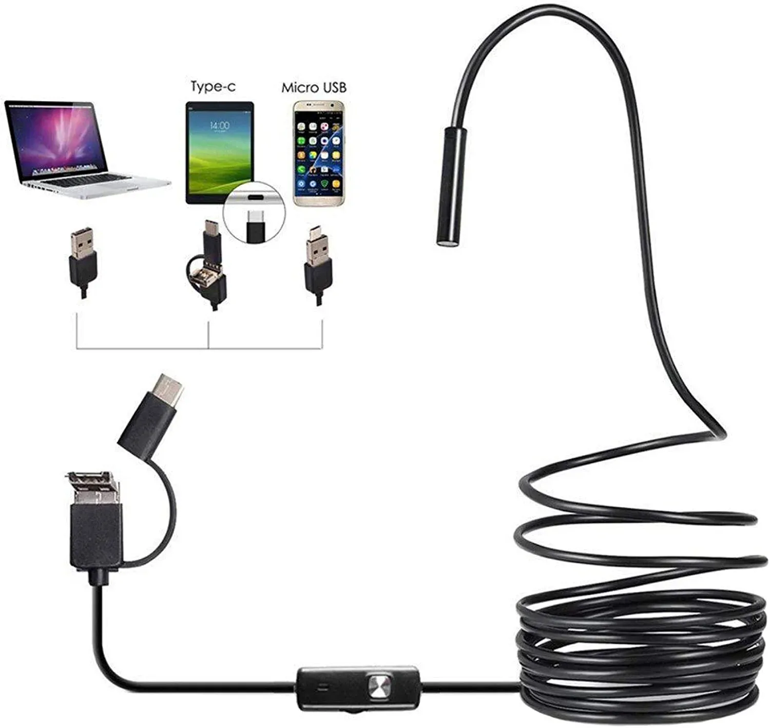 cecbf4d050942b7d9c98411e6f0370ea 3 In 1 Type C / Micro USB / PC Endoscope Camera 3.5m With HD Lens, Adjustable LED Lights & IP67 Waterproof Design