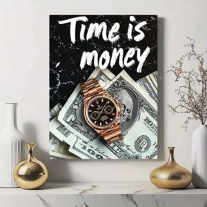 Time is Money Wall Art Frame โ Inch Wooden Sticky Tile with Watch & Dollar Design, Self-Adhesive Home Decor