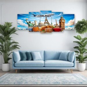 World Travel Landmarks Wall Art β 5-Piece Canvas Set (16x40 inches) | Wooden Sticky Tile Frames with Double Tape