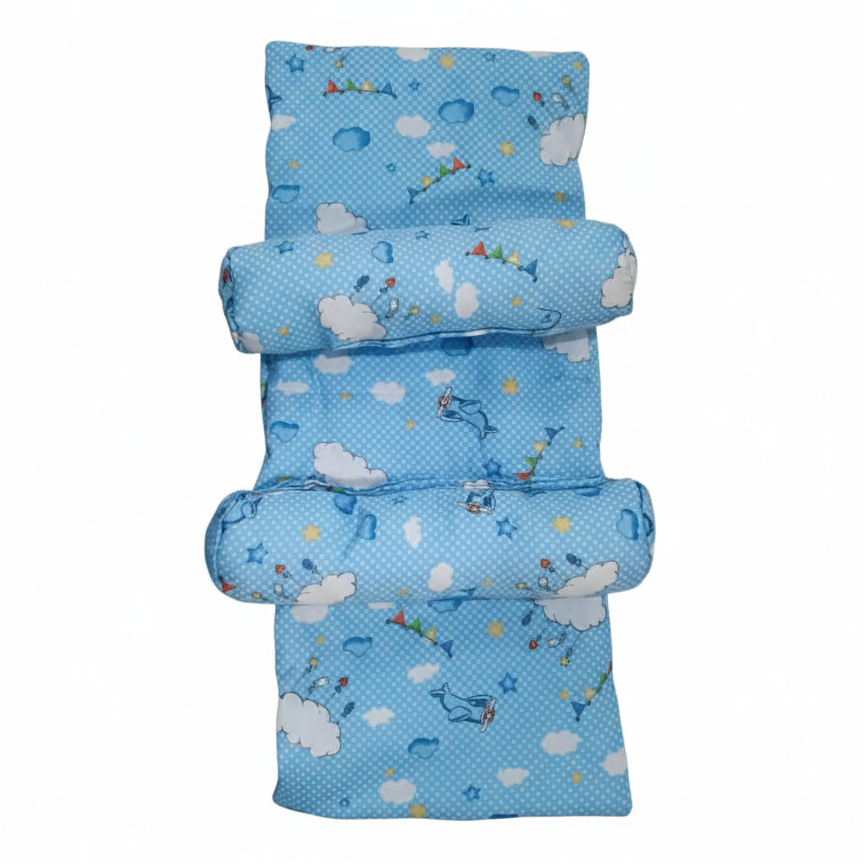 db8286bd1942a7f34da4357113c3d33a Sleep Support Set – Soft Cotton Quilted Mattress with Dual Side-Positioning Bolster Pillows | Sky Blue Cloud & Aviation - Image 2