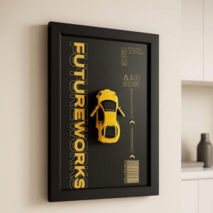 Metal Car Wall Frame – 3D Yellow Sports Car Decorative Wall Art, Modern Black Frame, Stylish Home & Office Wall Decor (8