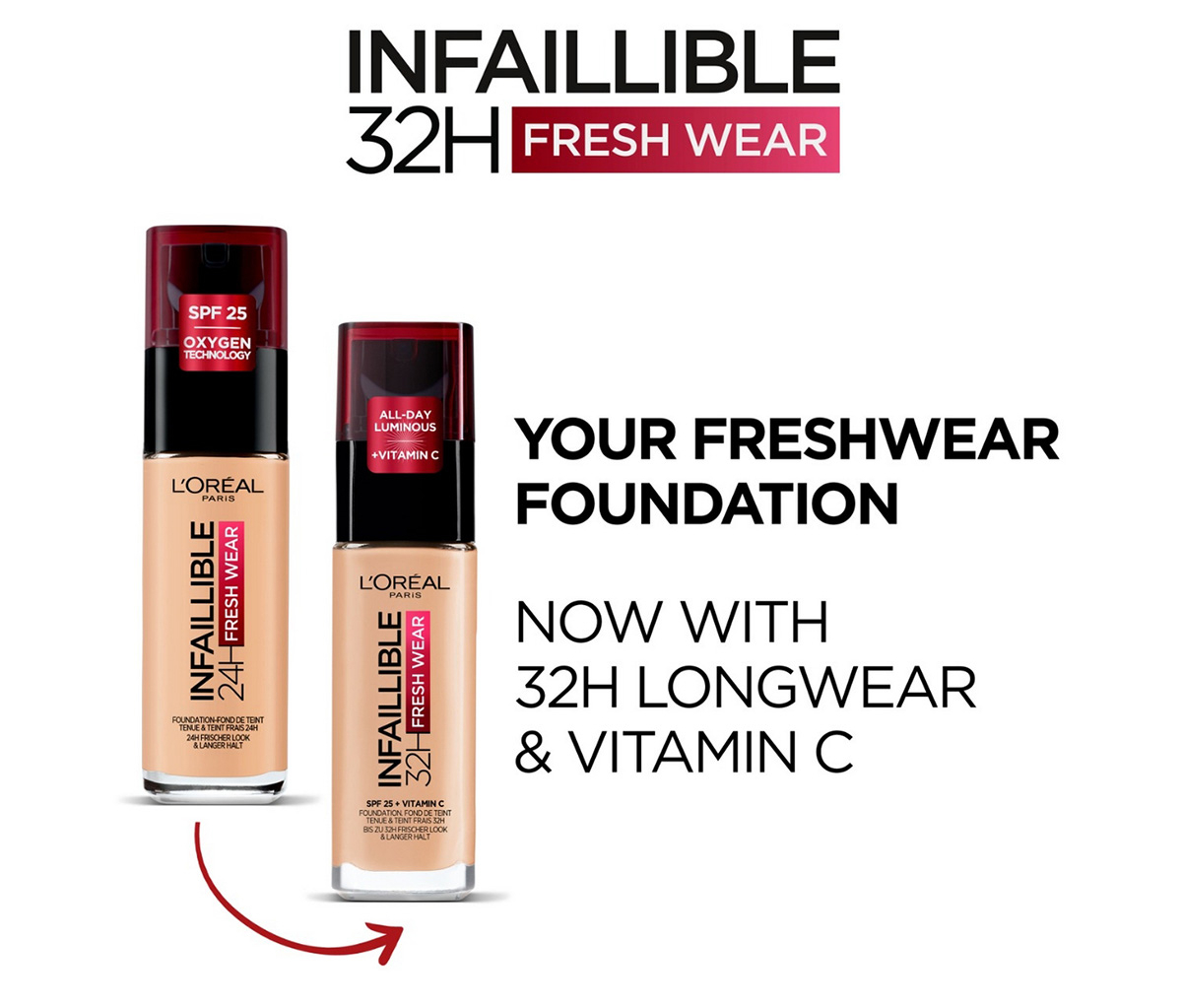 L'Oréal Paris Infallible 32H Fresh Wear Foundation, Full-coverage, Longwear, Weightless Smooth Finish, Water-proof and T