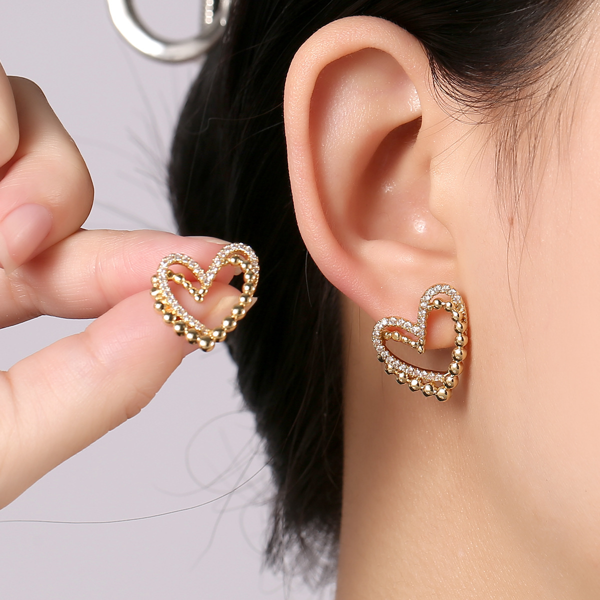e229782e47fad342dc75ad033ec42468 ZJE-164 Heart Shape Double Korean Earrings – Elegant Fashion Jewellery, Stylish Accessory for Women - Image 2
