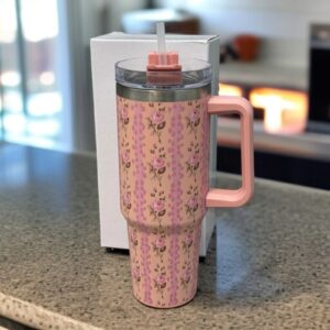 Floral Insulated Travel Tumbler 40oz – Double-Wall Vacuum Flask with Ergonomic Handle & Leak-Resistant Lid (Random Colou
