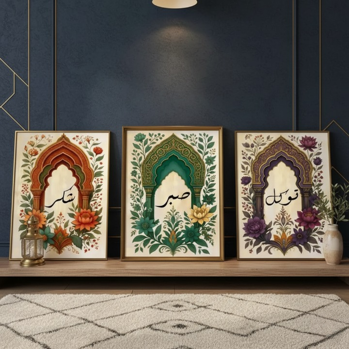 ea09d4404aa5dfd42dc7ccc5fd19a313 Tawakkul | Sabar | Shukar Wooden Sticky Wall Art – 3 Piece Islamic Motivational Frame Set, 8x11 inch Each with Easy Stic