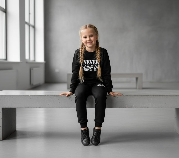 ec976efc12688cc18696ad31fb59d184 Kids “Never Give Up” Printed Black & Black Tracksuit Set | Winter Fleece Sweatshirt & Trouser Outfit for Boys & Girls – - Image 2