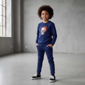 Kids Navy Blue Ghost Skull Printed Tracksuit Set | Winter Fleece Sweatshirt & Trouser Outfit for Boys & Girls – Warm, Tr
