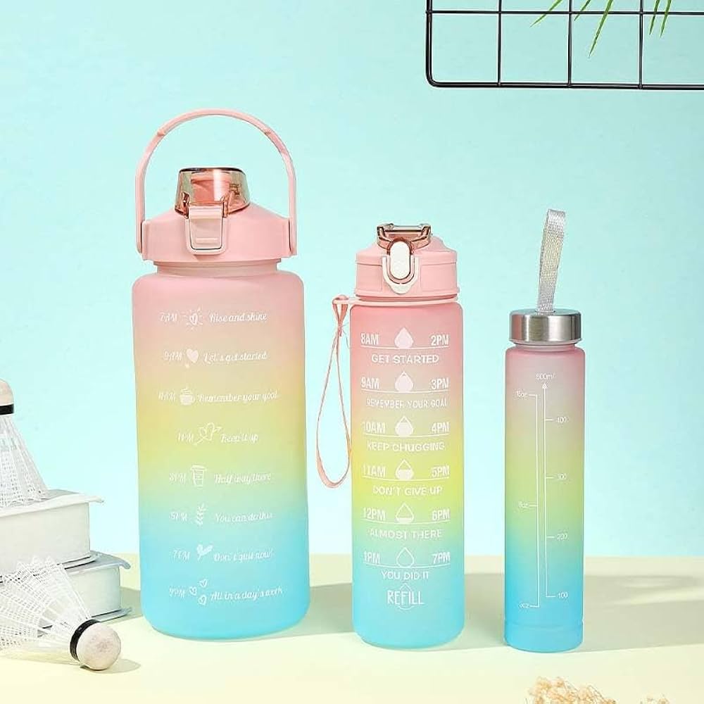 f0294e8bf1f996394f64948d7d4458be 3-Piece Motivational Water Bottle Set with Time Markers & Straw – Leak-Proof, BPA-Free Frosted Gradient Ombre Jugs (2L, - Image 2