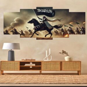 Islamic Warrior Canvas Wall Art – Set of 5 Panels (16x40 inches) | Wooden Sticky Tile Frames with Double Tape