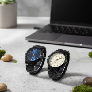 BESTWIN Minimalist Matte Black Link Bracelet Watch - Premium Sunray Blue & Cream Dials - Precision Quartz Movement for M
