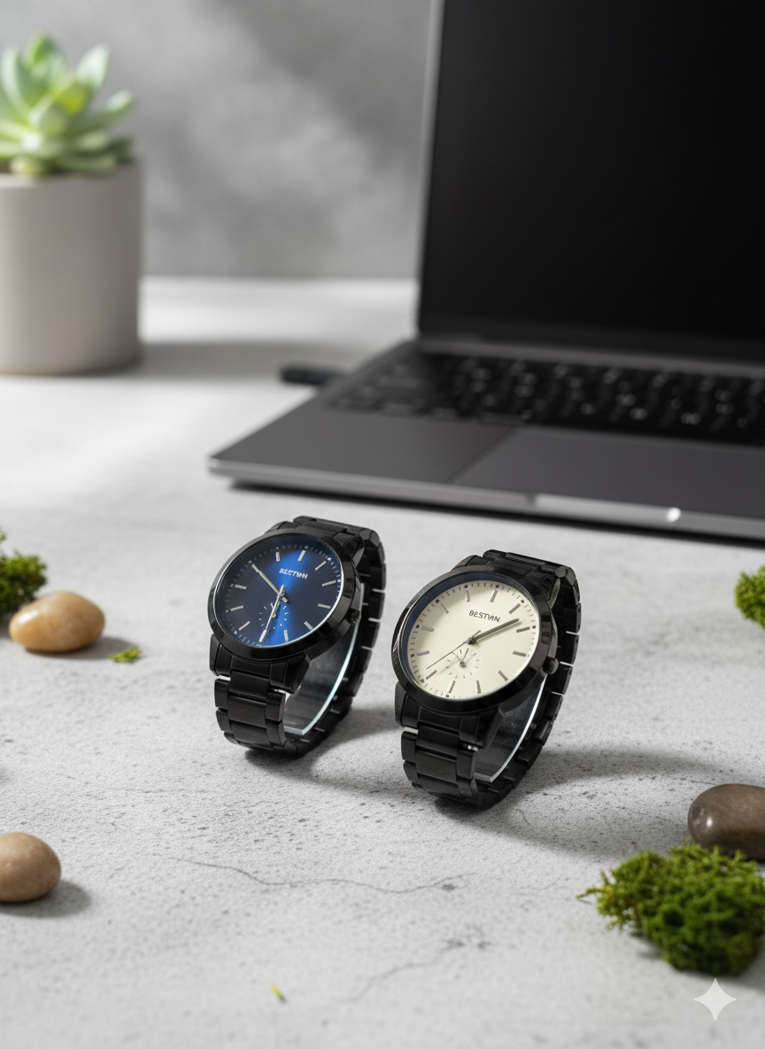 f29856363c15edf09a8dee83a604aeae BESTWIN Minimalist Matte Black Link Bracelet Watch - Premium Sunray Blue & Cream Dials - Precision Quartz Movement for M
