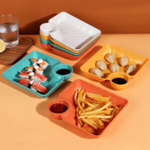 4-Piece Colorful Serving Platter Set – BPA-Free Snack, Sushi, Appetizer & Dessert Plates with Built-in Dipping Bowls for