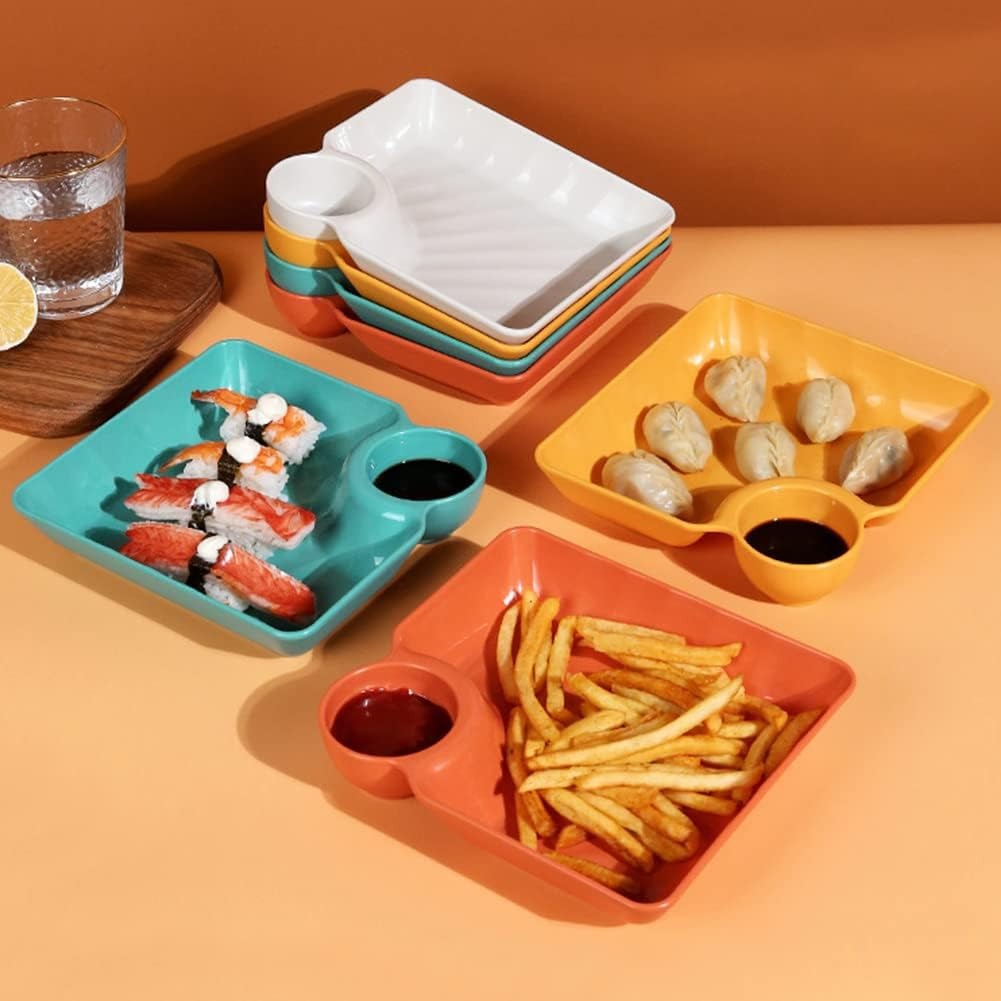 f2bf2129db05a9e7d8ae6d61b138989d 4-Piece Colorful Serving Platter Set – BPA-Free Snack, Sushi, Appetizer & Dessert Plates with Built-in Dipping Bowls for