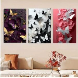 Butterfly Wall Art Set – 3 Wooden Frames (8x11”) with Elegant Floral & Nature Designs | Easy Wall Mounting with Double T