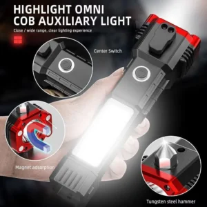 High Power LED Torch Light Rechargeable Flashlight With Tactical Hammer And Power Bank Providing Strong Brightness (Rand