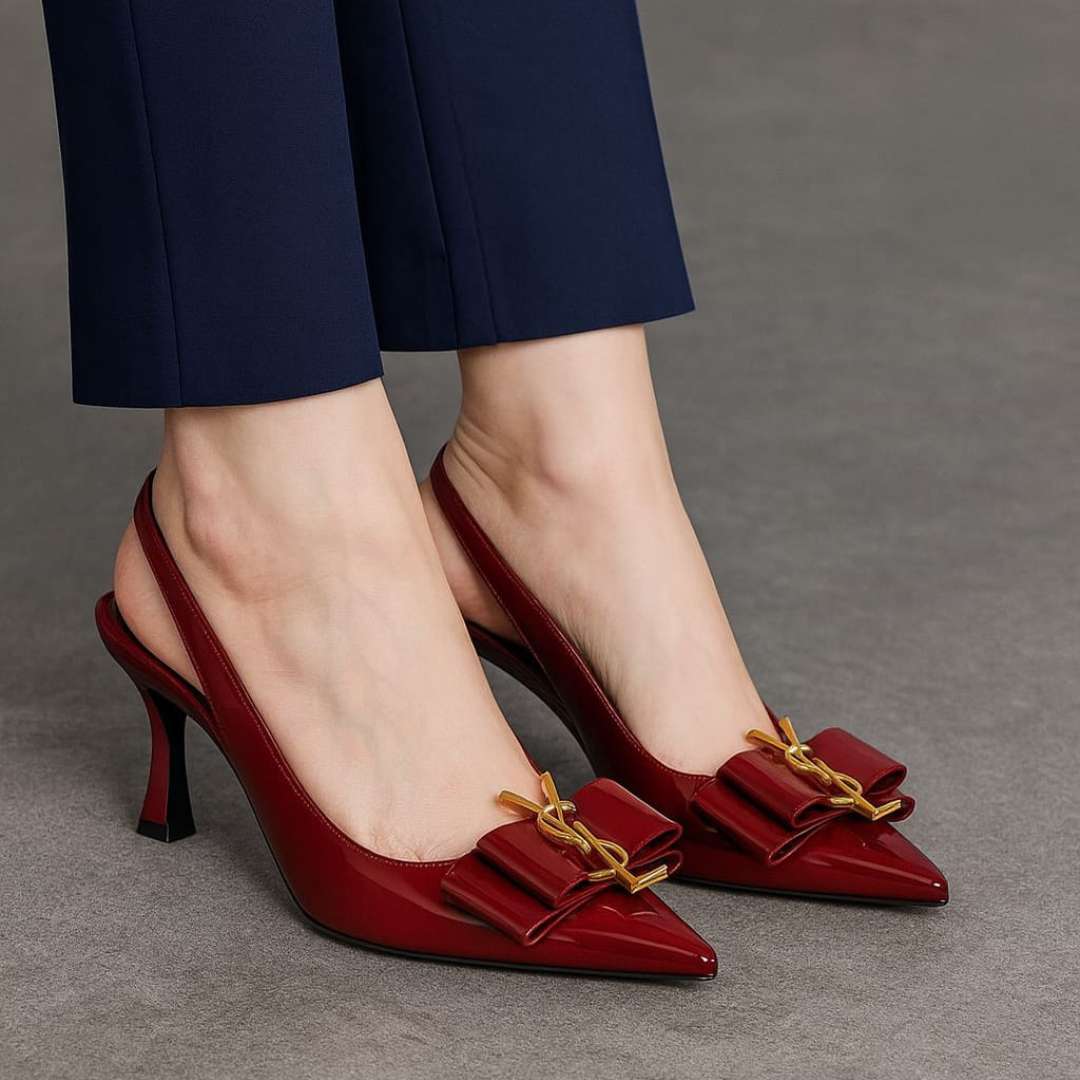 f8d5502363f488fca11cb26e6cbad331 Burgundy Kitten Heel Shoes For Women – Stylish Slingback Design With Gold Accent Bow, Comfortable Fit, And Classy Glossy - Image 4