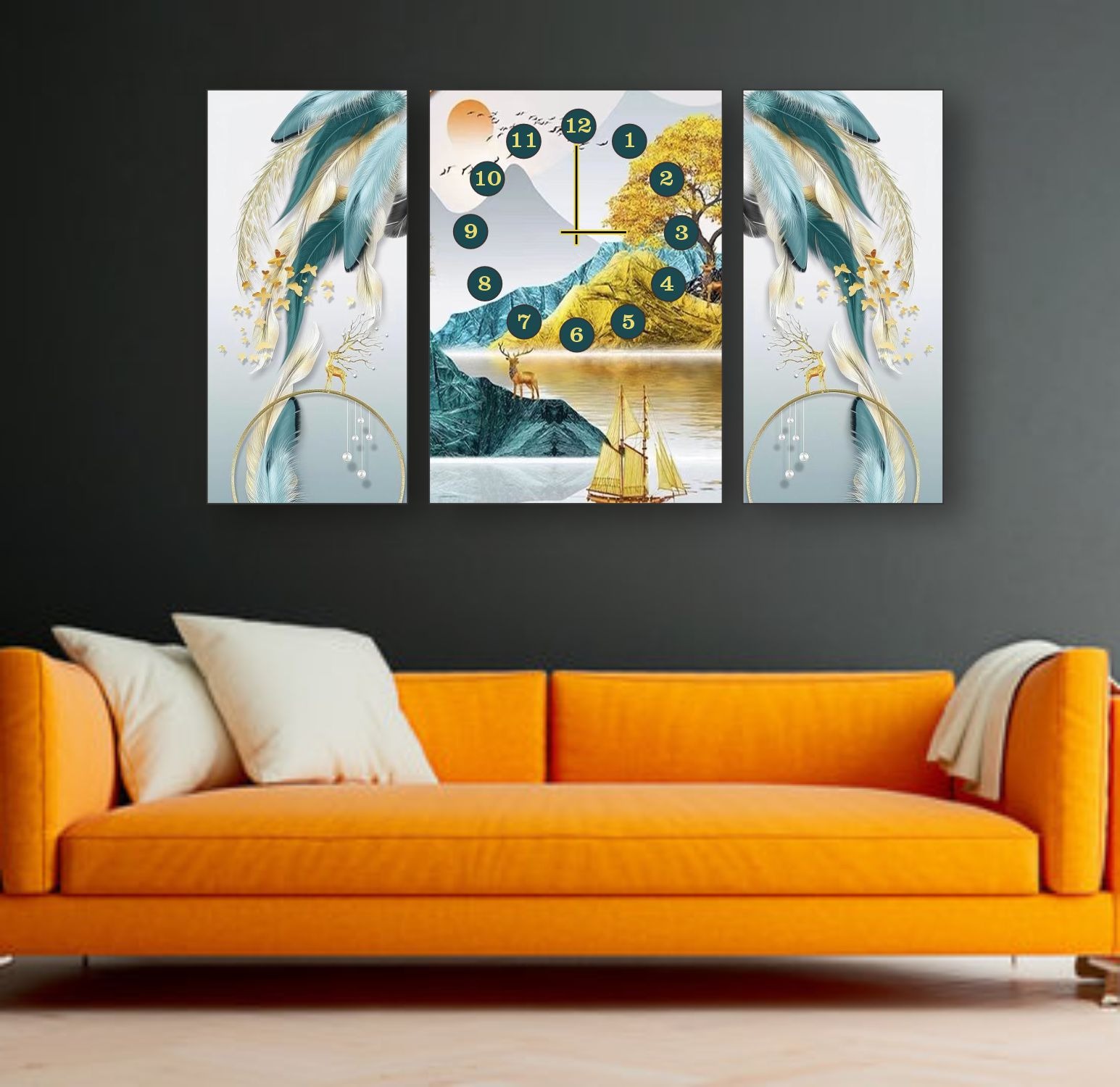 fb1744f79ccc2931a63960ad1ff9fd40 Golden Horizon 3-Piece Wooden Wall Clock Set – Scenic Centerpiece with Abstract Feather Panels Without Cell/Battery.