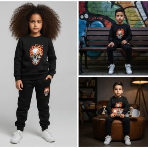 Black Printed Kids Tracksuit | Winter Fleece Sweatshirt & Trouser Set – Warm, Soft & Stylish Winter Garments for Boys &