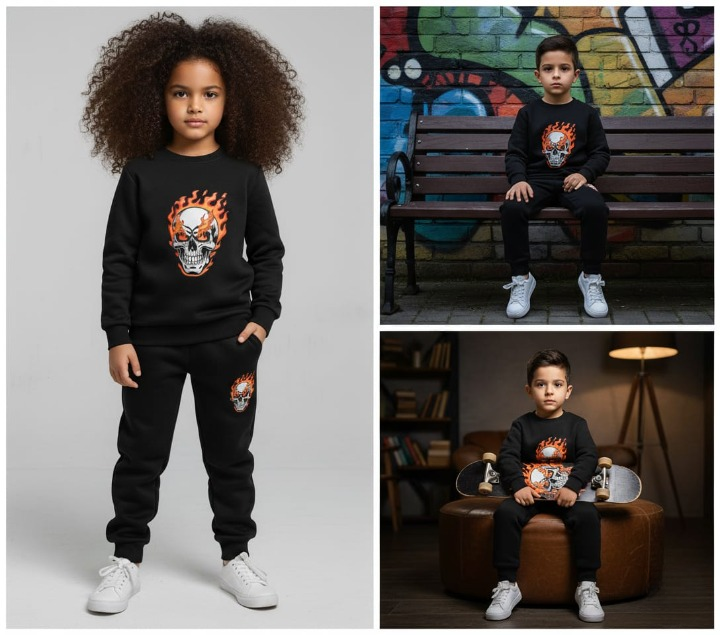fb2083d3428402bc8b45f9dd8d2ea529 Black Printed Kids Tracksuit | Winter Fleece Sweatshirt & Trouser Set – Warm, Soft & Stylish Winter Garments for Boys &